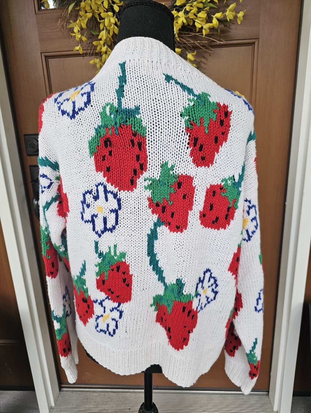 Vintage Strawberry Print White Knit Cardigan Sweater - Picture 3 of 8